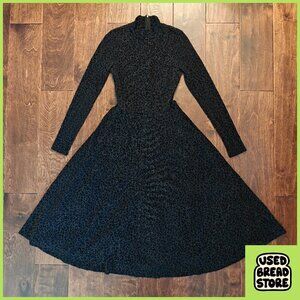 XS Tea-Length A-Line Glitter Leopard Print Dress Mock Neck Lined Black Goth